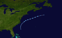 Map of a path across the western Atlantic Ocean, near the East Coast of the United States. Most of the eastern part of the United States, the northern Caribbean islands and Atlantic Canada can be seen in the image.