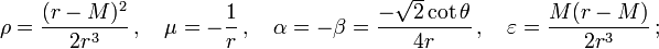 \rho=\frac{(r-M)^2}{2r^3}\,,\quad \mu=-\frac{1}{r}\,,\quad \alpha=-\beta=\frac{-\sqrt{2}\cot\theta}{4r}\,,\quad \varepsilon=\frac{M(r-M)}{2r^3}\,;