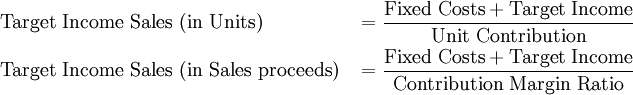 \begin{align}
&\text{Target Income Sales (in Units)} & &= \frac{\text{Fixed Costs}+\text{Target Income}}{\text{Unit Contribution}}\\
&\text{Target Income Sales (in Sales proceeds)} & &= \frac{\text{Fixed Costs}+\text{Target Income}}{\text{Contribution Margin Ratio}}
\end{align}