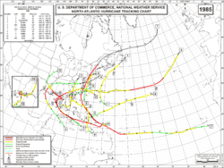 Map of the Northern Atlantic Ocean with color-codded tracks representing hurricane paths.