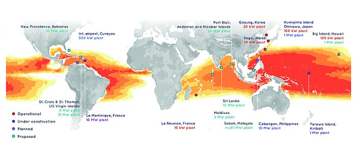 Schematic of the OTEC potential around the world (in colour) and the OTEC plants that are built or planned