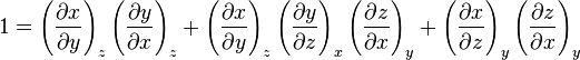 1=\left(\frac{\partial x}{\partial y}\right)_z \left(\frac{\partial y}{\partial x}\right)_z + \left(\frac{\partial x}{\partial y}\right)_z \left(\frac{\partial y}{\partial z}\right)_x \left(\frac{\partial z}{\partial x}\right)_y + \left(\frac{\partial x}{\partial z}\right)_y\left(\frac{\partial z}{\partial x}\right)_y