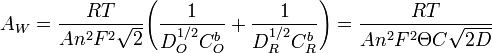 A_W={\frac{R T}{An^2F^2\sqrt2}}{\left(\frac{1}{D_O^{1/2}C_O^b}+{\frac{1}{D_R^{1/2}C_R^b}}\right)}=\frac{R T}{An^2F^2\Theta C\sqrt{2D}}