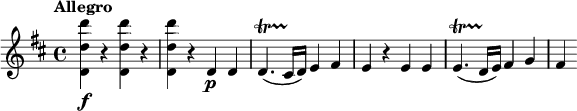 
\relative c' {
  \tempo "Allegro"
  \key d \major
  <d d' d'>4\f r q r |
  q4 r d\p d |
  d4.\startTrillSpan( cis16\stopTrillSpan d) e4 fis |
  e4 r e e |
  e4.\startTrillSpan( d16\stopTrillSpan e) fis4 g |
  fis4
}
