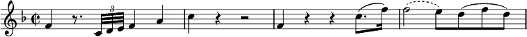 
\relative c' {
\override Score.NonMusicalPaperColumn #'line-break-permission = ##f
  \key f \major
  \time 2/2
  f4 r8. \times 2/3 {c32 d e} f4 a | c r r2 | f,4 r r c'8.(f16) | \slurDashed f2(e8) \slurSolid d(f d) |
}
