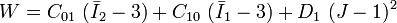 
   W = C_{01}~(\bar{I}_2 - 3) + C_{10}~(\bar{I}_1 - 3) + D_1~(J-1)^2
 