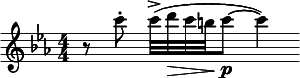  \relative c'' { \clef treble \key c \minor \numericTimeSignature \time 4/4 r8 c'-. c32(-> d\> c b\! c8\p~ c4) } 