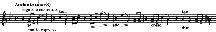 
  \relative c'' { \clef treble \time 4/4 \tempo "Andante" 4 = 63 \key g \minor r4^"legato e sostenuto" bes8--\p_"molto espress." g-- c4( a) | r d(^"ten." bes) a8-- c-- | r4 bes8--\< d--\! g4(\> a,\!) | r\pp f'\>( g,)\! a8-- bes-- | r4 a8--_"cresc." g-- d'4( bes)| r bes(^"ten."_"dim." g) a8-- g-- \bar "||" b4}
