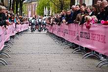 A group of cyclists riding away from the camera between guard rails that are covered with a pink plastic.