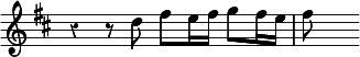 
{ \override Score.TimeSignature #'stencil = ##f \override Score.Rest #'style = #'classical \time 4/4 \key d \major \relative d'' { r4 r8 d fis e16 fis g8 fis16 e | fis8 s } }
