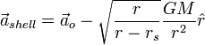 \vec{a}_{shell} = \vec{a}_o - \sqrt{\frac{r}{r-r_s}} \frac{G M}{r^2} \hat{r} 