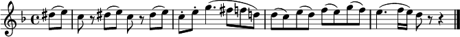 
\relative c'' {
  \key f \major
  \partial 4 dis8( e) |
  \repeat unfold 2 { c8 r dis( e) } |
  c8-. e-. g4.( fis8 f d!) |
  d8( c) e( d) f( e) g( f) |
  e4.( f16 e) d8 r r4 | \bar "|."
}
