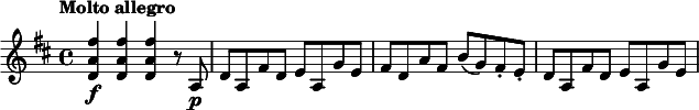 
\relative c' {
  \key d \major
  \tempo "Molto allegro"
  <d a' fis'>4\f q q r8 a\p |
  d8 a fis' d e a, g' e |
  fis8 d a' fis b( g) fis-. e-. |
  d8 a fis' d e a, g' e |
}
