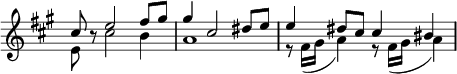 
 \relative c'
  \new Staff \with { \remove "Time_signature_engraver" } {
   \key fis \minor \time 4/4
    << 
     {
      \voiceOne
       cis'8 b8\rest e2 fis8 gis gis4 cis,2 dis8 e e4 dis8 cis cis4 bis4
     }
      \new Voice 
      {
       \voiceTwo
        e,8 s8 cis'2 b4 a1 r8 fis16( gis a4) r8 fis16( gis a4)
      }
    >>
 }
