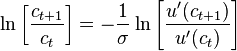 \ln\left[\frac{c_{t+1}}{c_t}\right]=-\frac{1}{\sigma}\ln\left[\frac{u'(c_{t+1})}{u'(c_t)}\right]