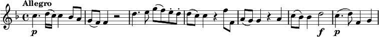 
\relative c'' {
  \key f \major
  \tempo "Allegro"
  c4.\p d16 (c) c4 bes8 a g (f) f4 r2 d'4. e8 g (f) e-. d-. d (c) c4 r f8 f, a (g) g4 r a c8 (bes) bes4 d2\f c4.\p (d8) f,4 g
}
