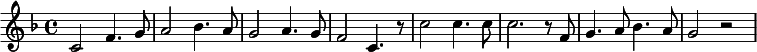 {\set Staff.midiInstrument = #"electric piano 1" \key f \major c'2 f'4. g'8 a'2 bes'4. a'8 g'2 a'4. g'8 f'2 c'4. r8 c''2 c''4. c''8 c''2. r8 f'8 g'4. a'8 bes'4. a'8 g'2 r2}