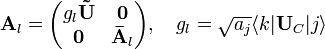 \mathbf{A}_{l} =

\begin{pmatrix}
g_{l}\mathbf{\tilde{U}} & \mathbf{0} \\
\mathbf{0} & \mathbf{\bar{A}}_{l}
\end{pmatrix},\quad g_{l} = \sqrt{a_{j}}\langle k|\mathbf{U}_{C}|j\rangle