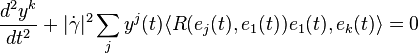 \frac{d^2y^k}{dt^2}+|\dot\gamma|^2\sum_j y^j(t)\langle R(e_j(t),e_1(t))e_1(t),e_k(t)\rangle=0