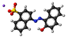 Ball-and-stick model of the component ions of acid red 88