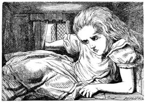 Illustration from Lewis Carroll's Alice's Adventures in Wonderland depicting the title character seated slouched over in a tiny room. Alice is positioned awkwardly with her weight supported partially by her left forearm, which rests on the floor and spans nearly half of the room's length. Her head is ducked beneath the low ceiling and her right arm reaches outside, resting on an open window's sill. The folds of Alice's dress occupy much of the remaining free space in the room.