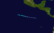 A map depicting the track of Alvin, the first named storm of the 2013 Pacific hurricane season.