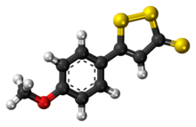 Ball-and-stick model of the anethole trithione molecule