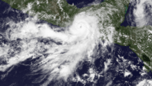 A visible satellite image of a well-formed hurricane approaching the coastline of southeastern Mexico on May 29.