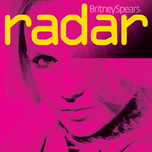 Close up of the face a blonde woman. She is looking into the camera with her hair covering her left eye. The image has a layer of pink and is divided in four parts, resembling an actual radar. On the upper side of the image, the words "Britney Spears" are written in white letters. Underneath, "radar" is written in big yellow small letters.