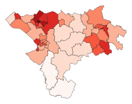 Map of Labour vote share, concentrated in urban seats and some suburbs.