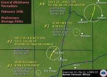 A map depicting the tracks, size and rating of four central Oklahoma tornadoes of February 10th. #1 Near Rockwell and NW Expressway was 0.75 miles (1.21 km) by 30 yards (27 m) rated EF1. #2 NW 178th and Western to 0.5 miles (0.80 km) NE of Waterloo and Broadway was 6.5 miles (10.5 km) by 75 yards (69 m) rated EF2. #3 Near highway 105 and Henney was .75 miles (1.21 km) by 20 yards (18 m) rated EF0. #4 5 miles E of Langston to 3 miles SW of Stillwater was 11 miles by 30 yards rated EF0. All four are roughly in line with #1 in the SW to #4 in the NE.