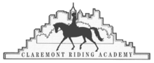 The Claremont Riding Academy logo, a black-and-white drawing showing the silhouette of a horse and rider, stylized bushes behind them, and a stylized city skyline behind the bushes. At bottom, square letters spell out Claremont Riding Academy.