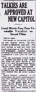 Clipping positively reviewing the exhibition of the first talkies in Edmonton. The first theatre to play a talkie in Edmonton was The Capitol.