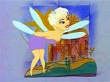 A cartoon image of a fairy, wearing a short, purple dress and with short, blond hair.