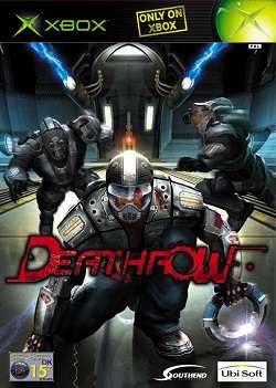 Padded man with helmet crouches with circular disc in an arena behind the red Deathrow logo inlaid as the Xbox game's European cover art