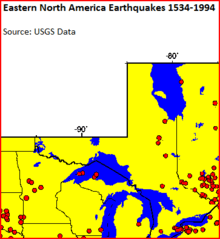 The red circles show earthquakes in Minnesota, Wisconsin, the Upper Peninsula of Michigan and Ontario.