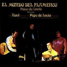 Four men depicted on black background, two of them holding flamenco guitars, and one from the waist down in the center tap dancing.