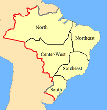 A map showing Brazil in light yellow with thin black lines dividing it into five large regions and a thicker, multicolored line dividing the nation from its neighbors