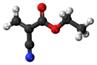 Ball-and-stick model of the ethyl cyanoacrylate molecule