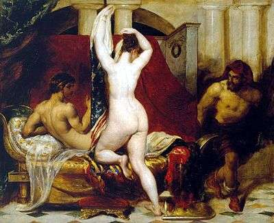 Woman removing her clothing while two naked men watch