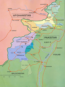 A map showing parts of Pakistan and Afghanistan, including the Federally Administered Tribal Areas that are located in Pakistan, adjacent to the south-east border of Afghanistan.