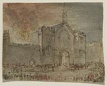 View of the frontage of Parliament on fire, done in watercolour by John Constable. Fire engines are seen in front of the building, with crowds shown at the outside of the image.