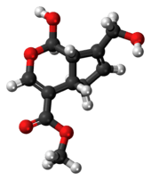 Ball-and-stick model of the genipin molecule