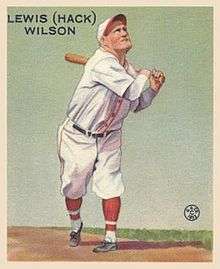 A baseball card image of a man wearing a white baseball uniform and cap with red trim swinging a baseball bat