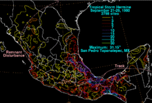 A map showing rainfall from Tropical Storm Hermine