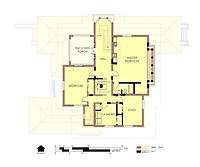 Hills House Second Floor Plan 1977.  Walls, doors, and windows which were not built in the same location as before the fire are marked in bold.