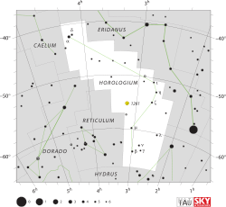Diagram showing star positions and boundaries of the Horologium constellation and its surroundings