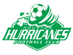 The Houston Hurricanes FC crest, with the team's name across a green shield with a Hurricane devouring a soccer ball and four-leaf clovers.