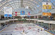 An ice hockey rink seen from a second story above it. There are two teams playing at the far end. People are watching the game from both levels; there are stores behind them. Above the rink is a glass ceiling from which advertising banners hang promoting the tournament sponsors, as well as the Canadian and American flags