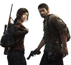 Artwork of a teenage girl, with brown hair. She has a backpack, with a sniper rifle strapped to her side, and is standing beside a man in his 40's, who has brown hair and beard, and a revolver in his right hand.